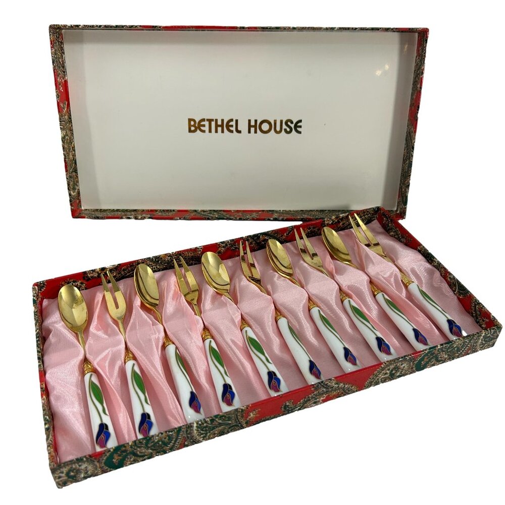 Vintage Bethel House Cocktail Forks Spoons Set Gold Porcelain Handles Tulips